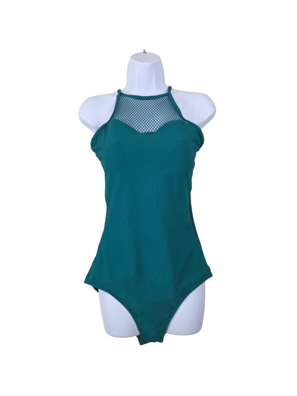 Womens Large Teal Mesh High-Neck One-Piece Swimsuit Ribbed Texture Side Cutouts